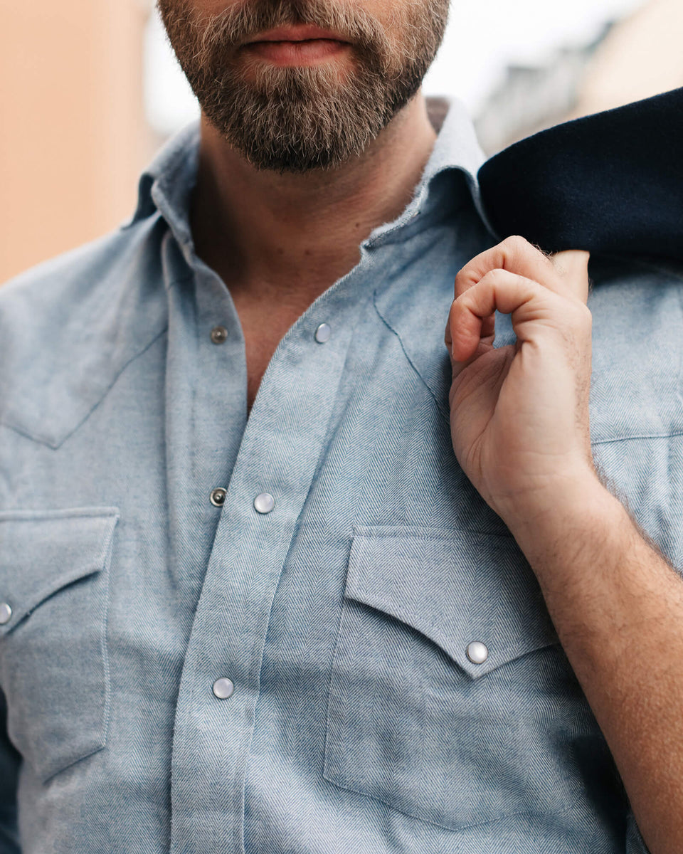 Baby Blue Wide Herringbone Western Shirt / Overshirt