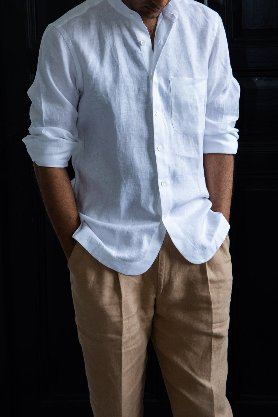 Signature Curved Bottom Super Luxury Linen Shirt: Handmade, on a businessman